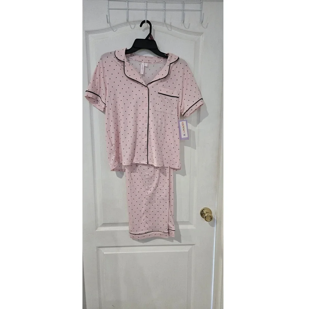 Joyspun Pajama Set Womens Small S 4-6 Pink NWT Polka Dot Notch Collar Capri 2PC